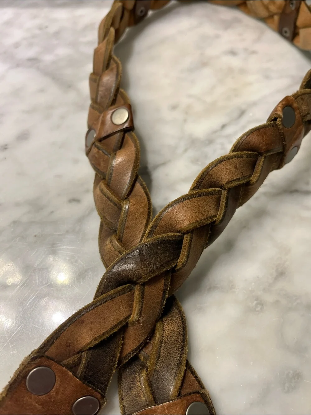 Fossil Braided Tan Leather Belt with Silver Buckle